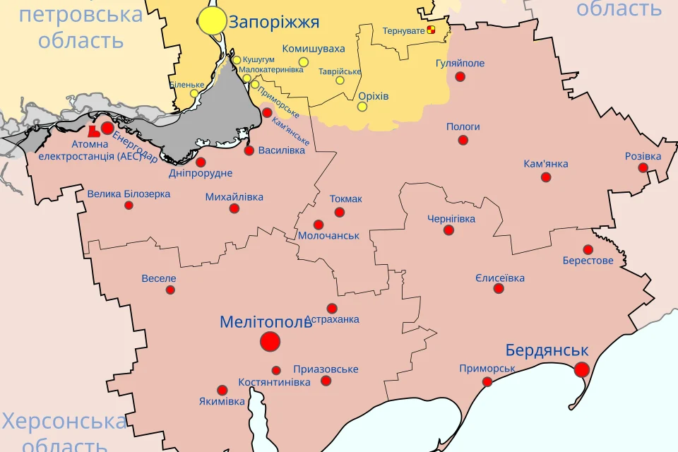 Карта Запорізької області з позначенням міст та лінії фронту