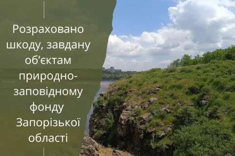 Скелястий зелений берег водойми під небом і написом екологічної інспекції