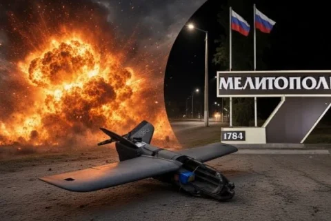 Збитий дрон на дорозі біля нічної вивіски Мелітополь, прапори РФ і вибух