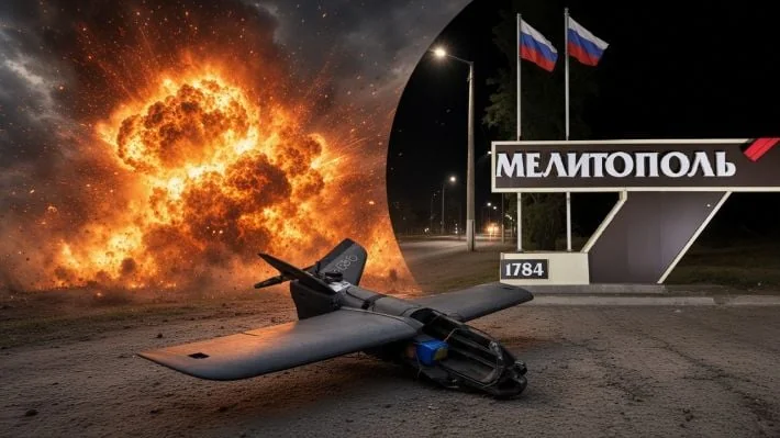 Збитий дрон на дорозі біля нічної вивіски Мелітополь, прапори РФ і вибух