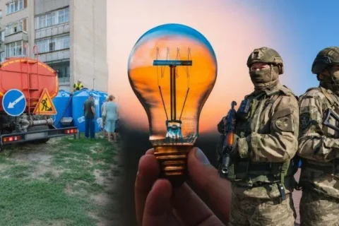 Колаж: водовоз біля багатоповерхівки, лампочка в руці та двоє військових